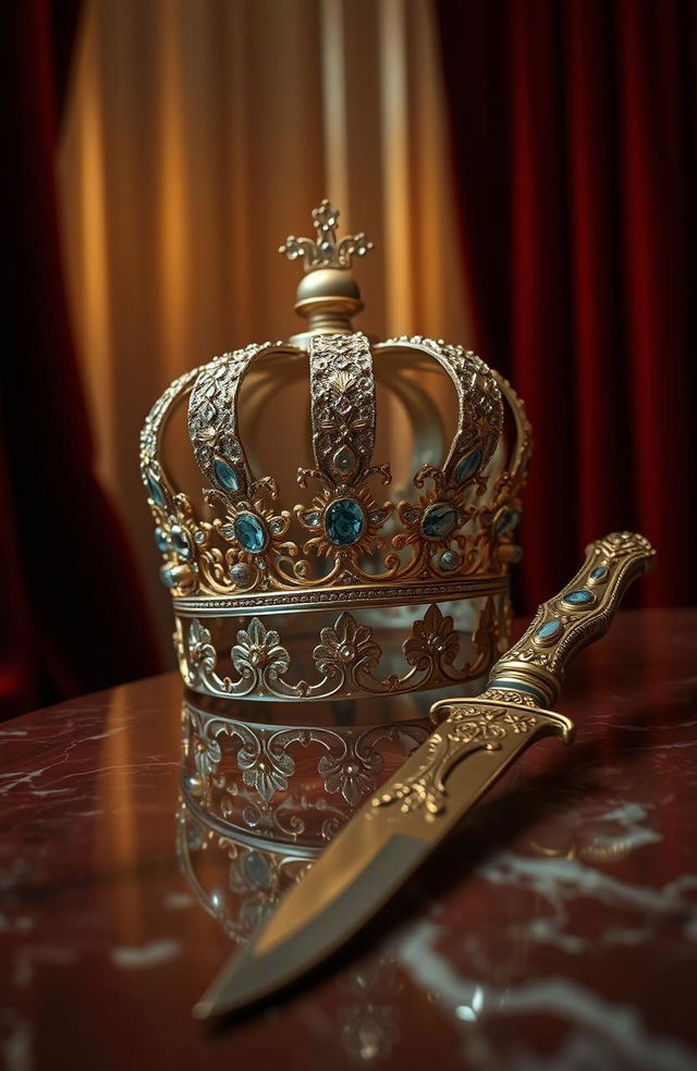 A beautifully detailed crown adorned with intricate jewels, sitting elegantly beside an ornate knife with a delicately designed handle