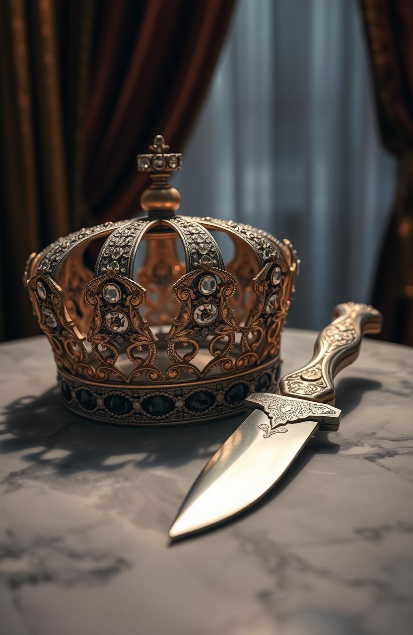 A beautifully detailed crown adorned with intricate jewels, sitting elegantly beside an ornate knife with a delicately designed handle