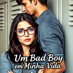 A captivating romance book cover featuring a beautiful 18-year-old female student with glasses, looking shy