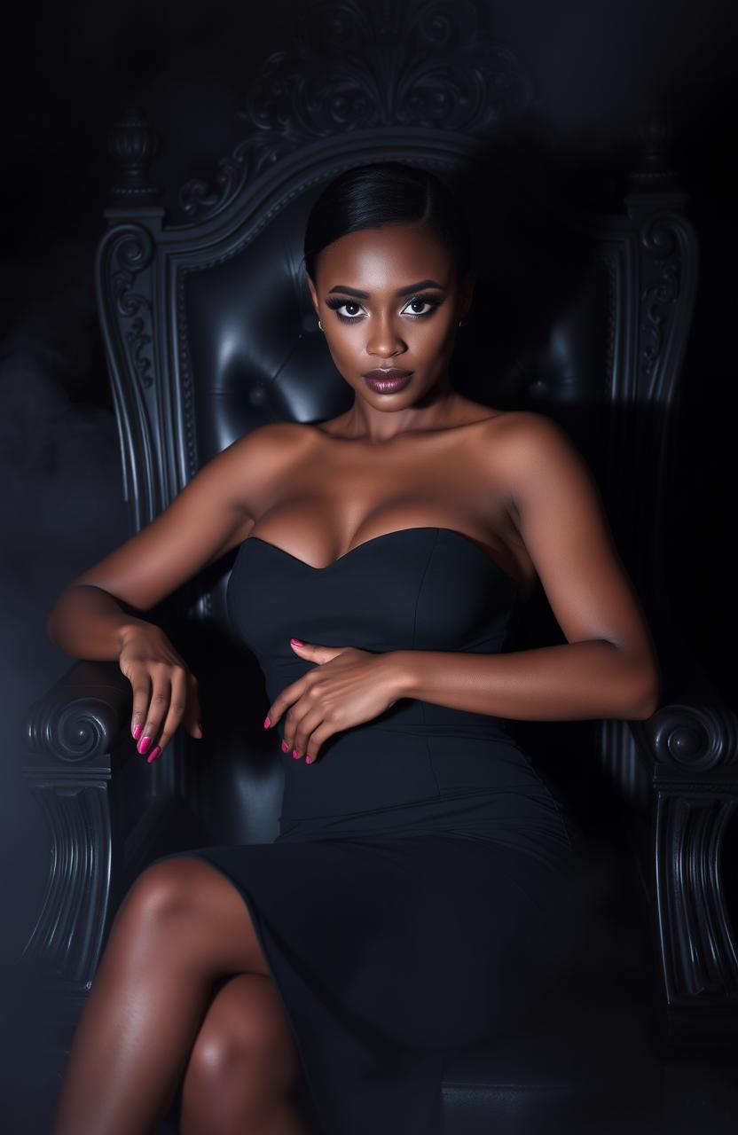 An African woman with striking blue eyes and a deep, captivating gaze, dressed in a beautiful, form-fitting black dress that accentuates her curves, seated confidently on a majestic black throne