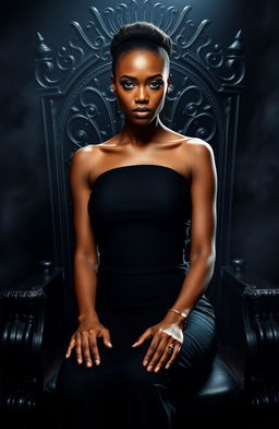 An African woman with striking blue eyes and a deep, captivating gaze, dressed in a beautiful, form-fitting black dress that accentuates her curves, seated confidently on a majestic black throne
