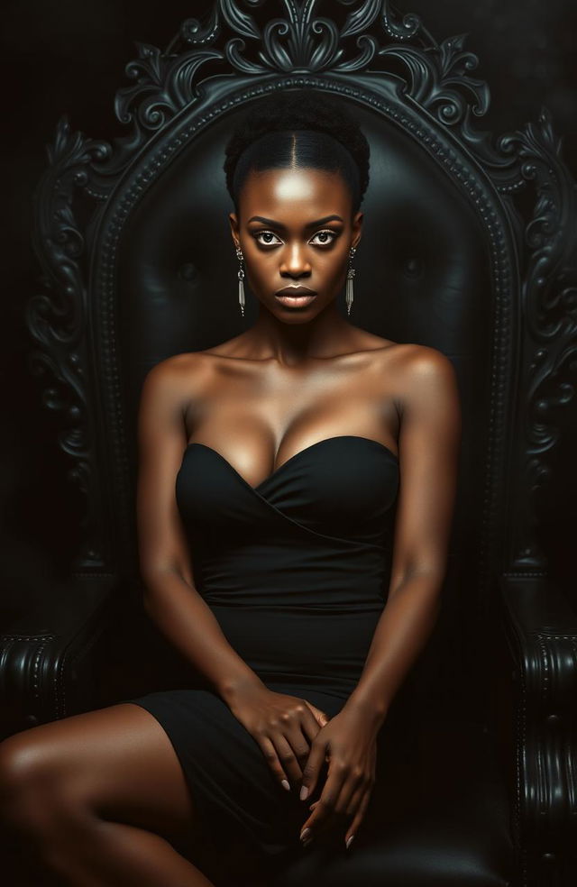 An African woman with striking blue eyes and a deep, captivating gaze, dressed in a beautiful, form-fitting black dress that accentuates her curves, seated confidently on a majestic black throne