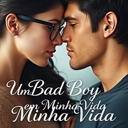 A romantic book cover featuring a beautiful, shy young woman, 18 years old, wearing glasses, with dark hair