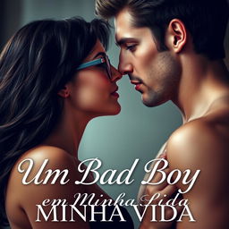 A romantic book cover featuring a beautiful, shy young woman, 18 years old, wearing glasses, with dark hair