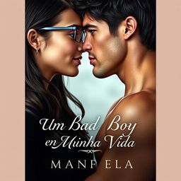 A captivating romance novel cover featuring a beautiful, shy 18-year-old student wearing glasses, with dark hair, looking enchanted