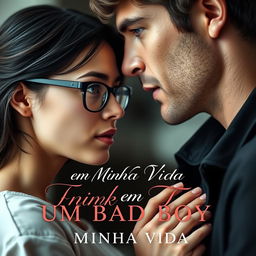 A captivating romance novel cover featuring a beautiful, shy 18-year-old student wearing glasses, with dark hair, looking enchanted