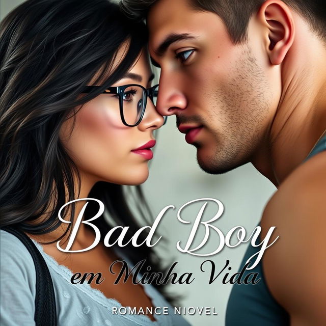 A captivating romance novel cover featuring a beautiful, shy 18-year-old student wearing glasses, with dark hair, looking enchanted