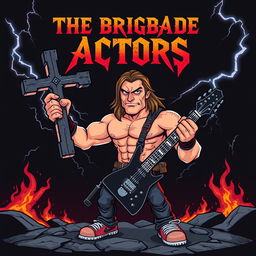 A cartoon style album cover for a metal band featuring a strong, muscular man holding a large cross and an electric guitar