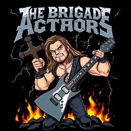 A cartoon style album cover for a metal band featuring a strong, muscular man holding a large cross and an electric guitar