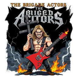 A cartoon style album cover for a metal band featuring a strong, muscular man holding a large cross and an electric guitar