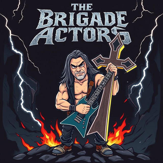 A cartoon style album cover for a metal band featuring a strong, muscular man holding a large cross and an electric guitar