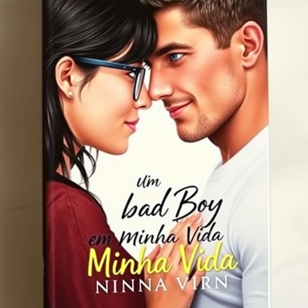 A romantic book cover featuring a beautiful, 18-year-old female student with glasses, looking shy