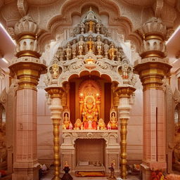 An elaborate and serene Hindu mandir, intricately crafted with white marble, adorned with golden ornaments and lit beautifully by the warm glow of diyas