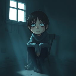 A poignant portrayal of a solitary figure seated in a dimly lit room, expressing deep emotional anguish