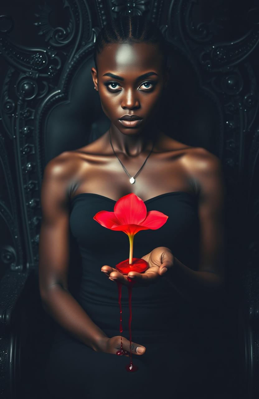 A striking African woman with piercing blue eyes and a cold gaze, dressed in a form-fitting black dress, is seated on a black throne adorned with black glitter