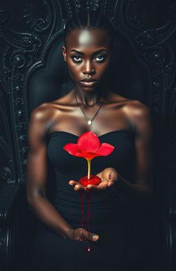 A striking African woman with piercing blue eyes and a cold gaze, dressed in a form-fitting black dress, is seated on a black throne adorned with black glitter