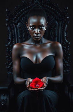 A striking African woman with piercing blue eyes and a cold gaze, dressed in a form-fitting black dress, is seated on a black throne adorned with black glitter