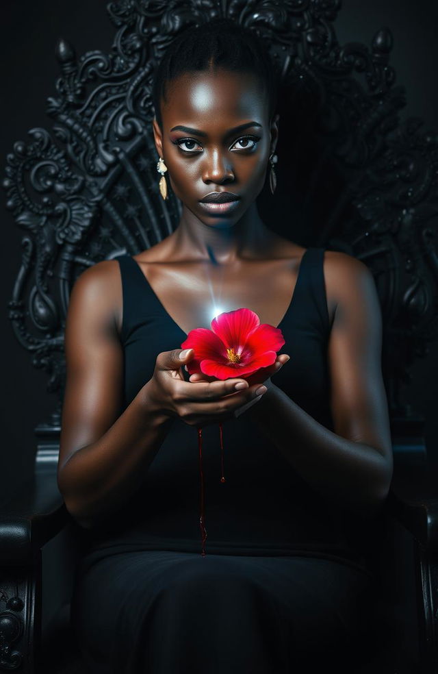 A striking African woman with piercing blue eyes and a cold gaze, dressed in a form-fitting black dress, is seated on a black throne adorned with black glitter