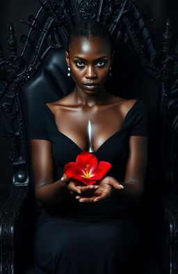 A striking African woman with piercing blue eyes and a cold gaze, dressed in a form-fitting black dress, is seated on a black throne adorned with black glitter