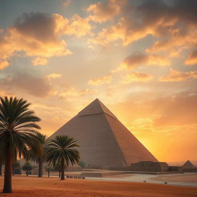 An impressive view of the Great Pyramid of Giza, also known as the Pyramid of Khufu or Cheops, set against a dramatic sunset sky