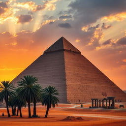 An impressive view of the Great Pyramid of Giza, also known as the Pyramid of Khufu or Cheops, set against a dramatic sunset sky