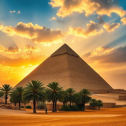 An impressive view of the Great Pyramid of Giza, also known as the Pyramid of Khufu or Cheops, set against a dramatic sunset sky