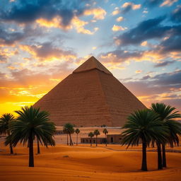 An impressive view of the Great Pyramid of Giza, also known as the Pyramid of Khufu or Cheops, set against a dramatic sunset sky