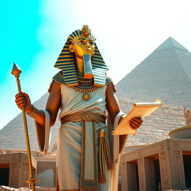 A majestic portrayal of Pharoah Khufu, also known as Cheops, standing proud near the Great Pyramid of Giza