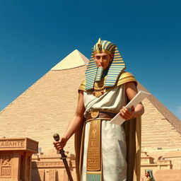 A majestic portrayal of Pharoah Khufu, also known as Cheops, standing proud near the Great Pyramid of Giza