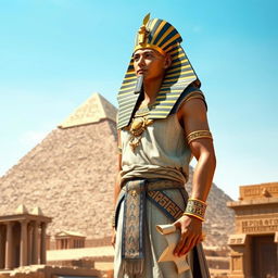 A majestic portrayal of Pharoah Khufu, also known as Cheops, standing proud near the Great Pyramid of Giza