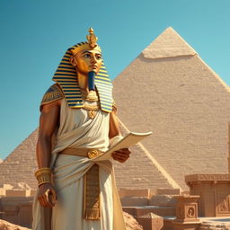 A majestic portrayal of Pharoah Khufu, also known as Cheops, standing proud near the Great Pyramid of Giza