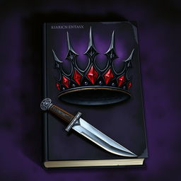 A strikingly illustrated book cover featuring a dark crown and a knife, set against a moody and atmospheric background