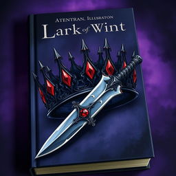 A strikingly illustrated book cover featuring a dark crown and a knife, set against a moody and atmospheric background