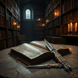 A mysterious, ancient book with a dark, leather-bound cover, adorned with intricate silver designs, lies open on a stone table