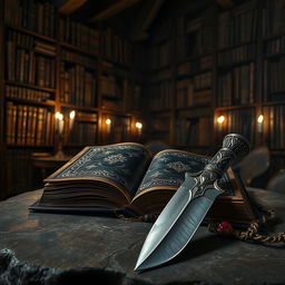 A mysterious, ancient book with a dark, leather-bound cover, adorned with intricate silver designs, lies open on a stone table