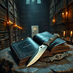 A mysterious, ancient book with a dark, leather-bound cover, adorned with intricate silver designs, lies open on a stone table