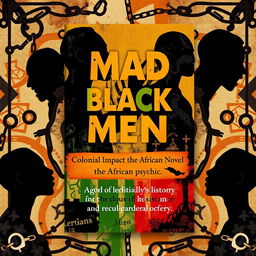 An artistic representation of a book cover titled 'Mad Black Men in the African Novel', focusing on the theme of Colonial Impact on the African psyche