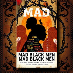 An artistic representation of a book cover titled 'Mad Black Men in the African Novel', focusing on the theme of Colonial Impact on the African psyche