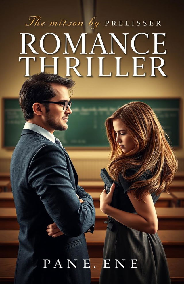 A book cover design for a romantic thriller featuring an intense scene in a classroom