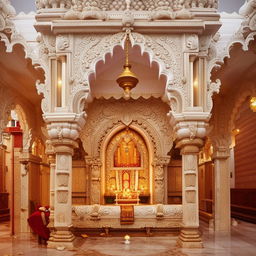 An elaborate and serene Hindu mandir, intricately crafted with white marble, adorned with golden ornaments and lit beautifully by the warm glow of diyas