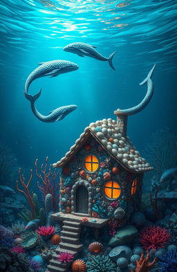 A whimsical underwater scene featuring a beautifully designed house made entirely of coral and seashells, with vibrant aquatic plants surrounding it