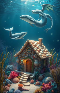A whimsical underwater scene featuring a beautifully designed house made entirely of coral and seashells, with vibrant aquatic plants surrounding it
