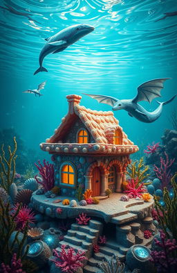 A whimsical underwater scene featuring a beautifully designed house made entirely of coral and seashells, with vibrant aquatic plants surrounding it