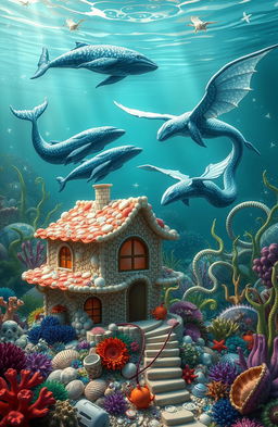 A whimsical underwater scene featuring a beautifully designed house made entirely of coral and seashells, with vibrant aquatic plants surrounding it