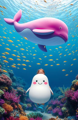 A vibrant underwater scene featuring a pink, purple, and blue whale gliding gracefully through the ocean depths