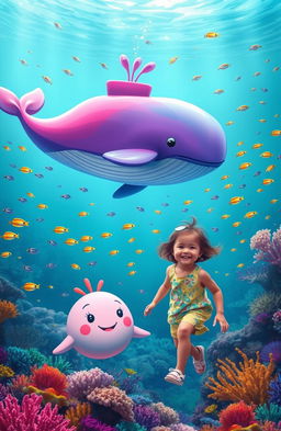 A vibrant underwater scene featuring a pink, purple, and blue whale gliding gracefully through the ocean depths