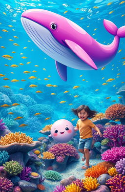 A vibrant underwater scene featuring a pink, purple, and blue whale gliding gracefully through the ocean depths