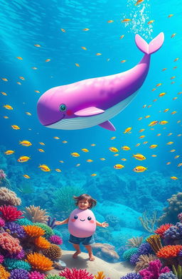 A vibrant underwater scene featuring a pink, purple, and blue whale gliding gracefully through the ocean depths