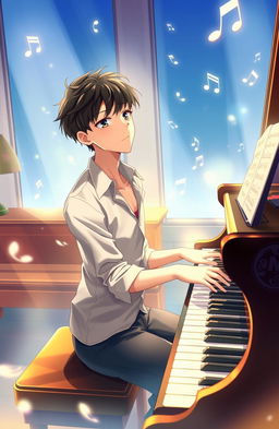 A high school boy playing piano, surrounded by an enchanting atmosphere