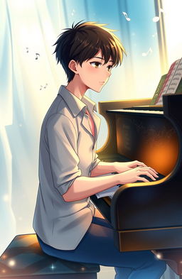 A high school boy playing piano, surrounded by an enchanting atmosphere